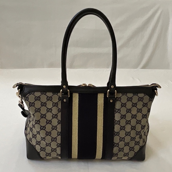 GUCCI Vintage GG Monogram Canvas Sherry Line Satchel Tote Blue - Picture 3 of 16